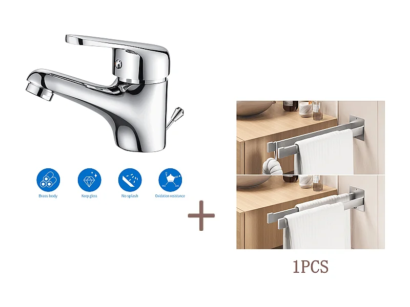 Mezclador Lavabo un solo orificio con tira de vaciado,Bonde Incluido,Cromado+Porta Toalla Baño Adhesivo/Perforación,Barras Porta Toallas,Cepillado