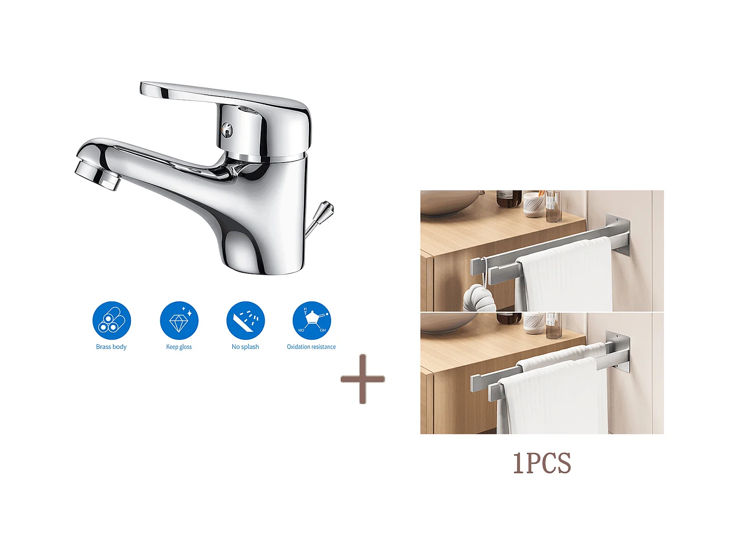 Mezclador Lavabo un solo orificio con tira de vaciado,Bonde Incluido,Cromado+Porta Toalla Baño Adhesivo/Perforación,Barras Porta Toallas,Cepillado