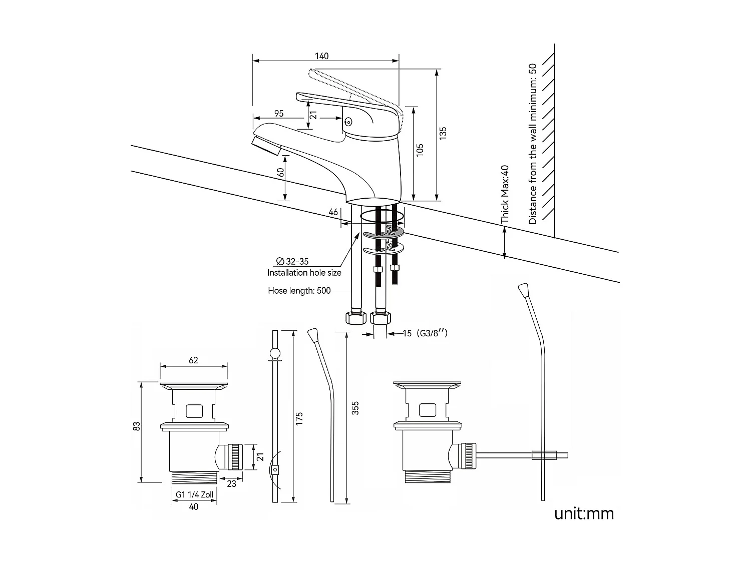 Mitigeur Lavabo Monotrou avec Tirette Vidage,Bonde Incluse, Chromé+Porte Serviette Salle Bain Adhésif/Perçage,Barres Porte Serviettes Mural,Brossé