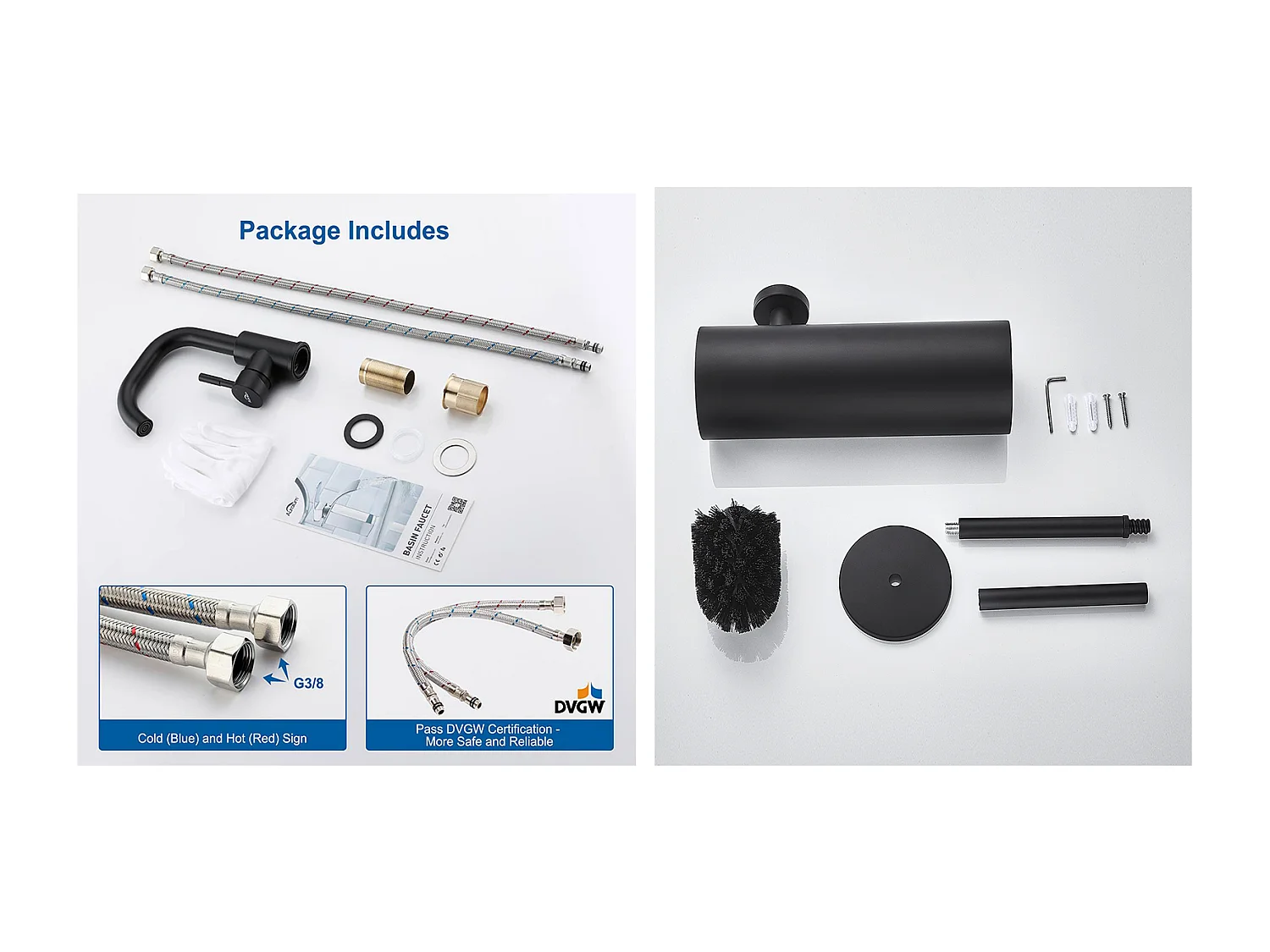 Schwarzer Waschbeckenhahn mit abnehmbarem Sprudeler, 360°-Drehung + wandmontierte Toilettenbürste mit Bürstenhalter, Edelstahl, Schwarz