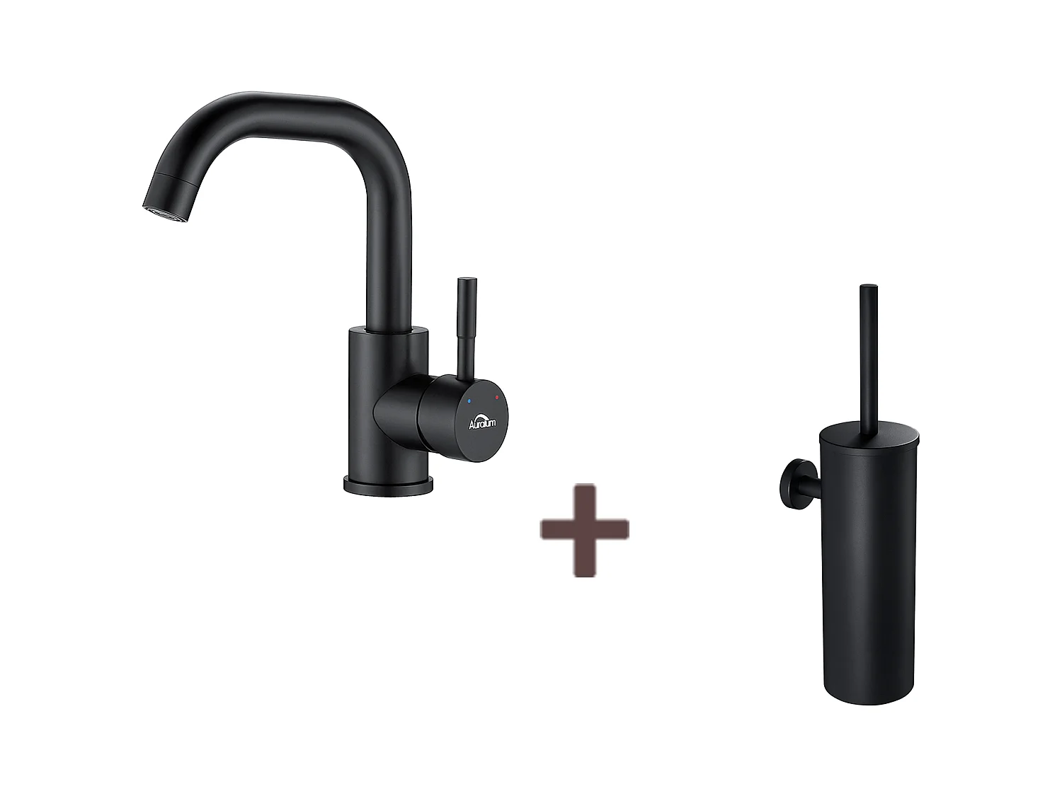Zwarte wastafelkraan met demonteerbare trimmer, 360° rotatie + toiletborstel hangend toilet met borstelhouder, RVS, zwart