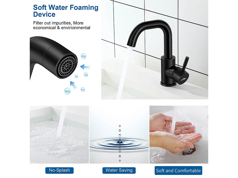 Zwarte wastafelkraan met demonteerbare trimmer, 360° rotatie + toiletborstel hangend toilet met borstelhouder, RVS, zwart