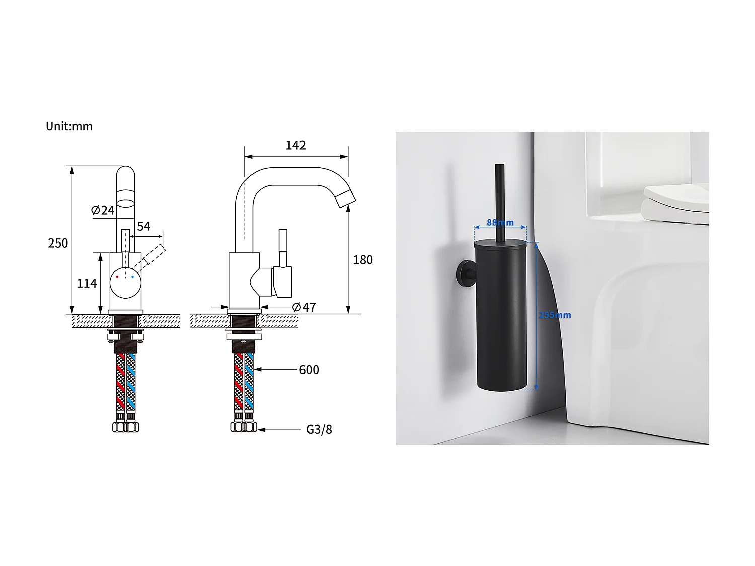 Zwarte wastafelkraan met demonteerbare trimmer, 360° rotatie + toiletborstel hangend toilet met borstelhouder, RVS, zwart