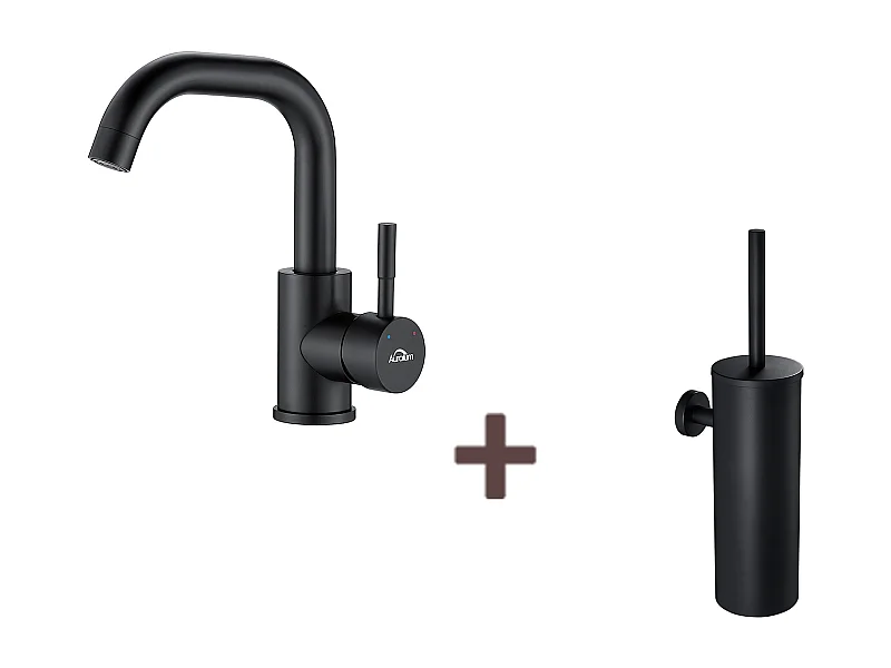 Robinet Lavabo Noir avec Barboteur Démotable, Rotation à 360°+Brosse Toilettes WC Suspendu avec Support de Brosse, Acier INOX,Noir