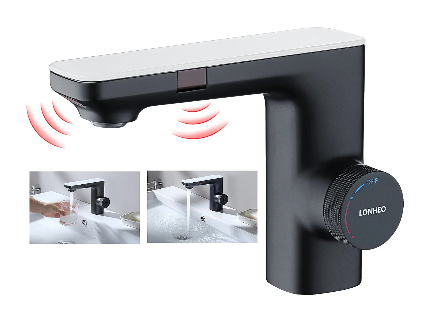 LONHEO MAX Mitigeur Lavabo Capteur Infrarouge Intelligent Automatique, Mitigeur Infrarouge Electronique Noir en Laiton à Eau Chaude et Froide