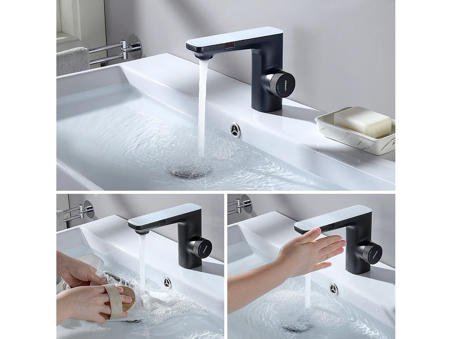 LONHEO MAX Mitigeur Lavabo Capteur Infrarouge Intelligent Automatique, Mitigeur Infrarouge Electronique Noir en Laiton à Eau Chaude et Froide