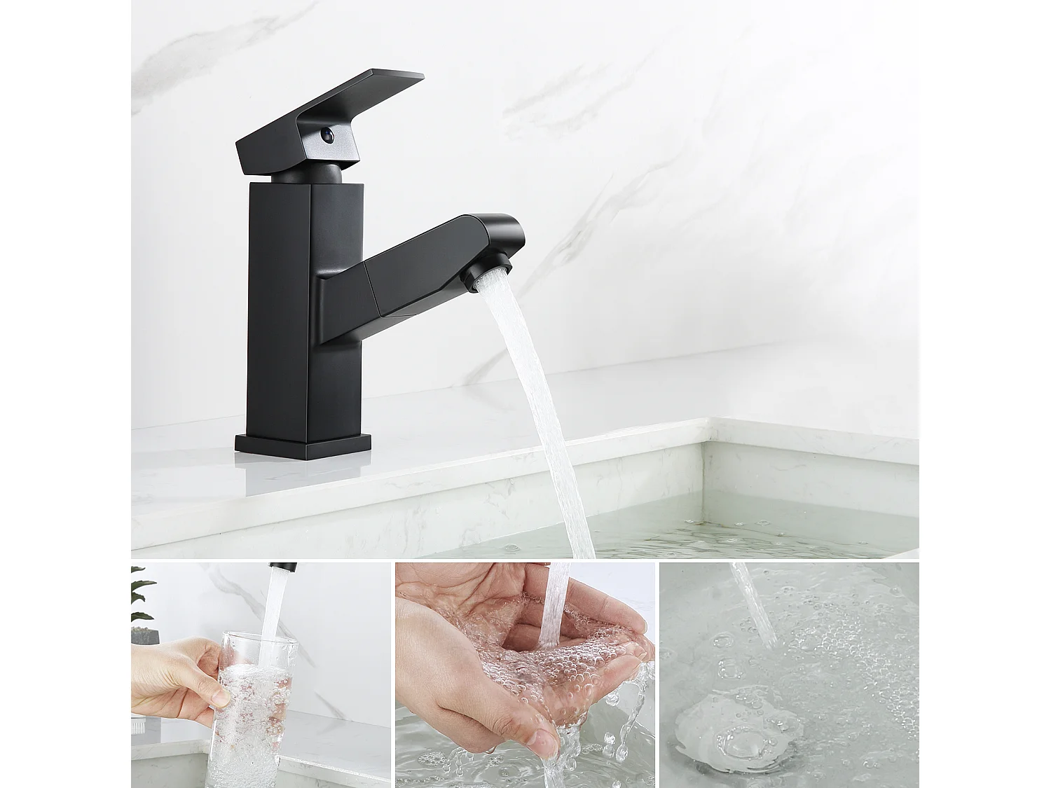 AuraLum Max Waschtisch-Mischbatterie mit ausziehbarer Brause, schwarze Badezimmer-Mischbatterie, Wasserhahnhöhe 174 mm, EU-Modell