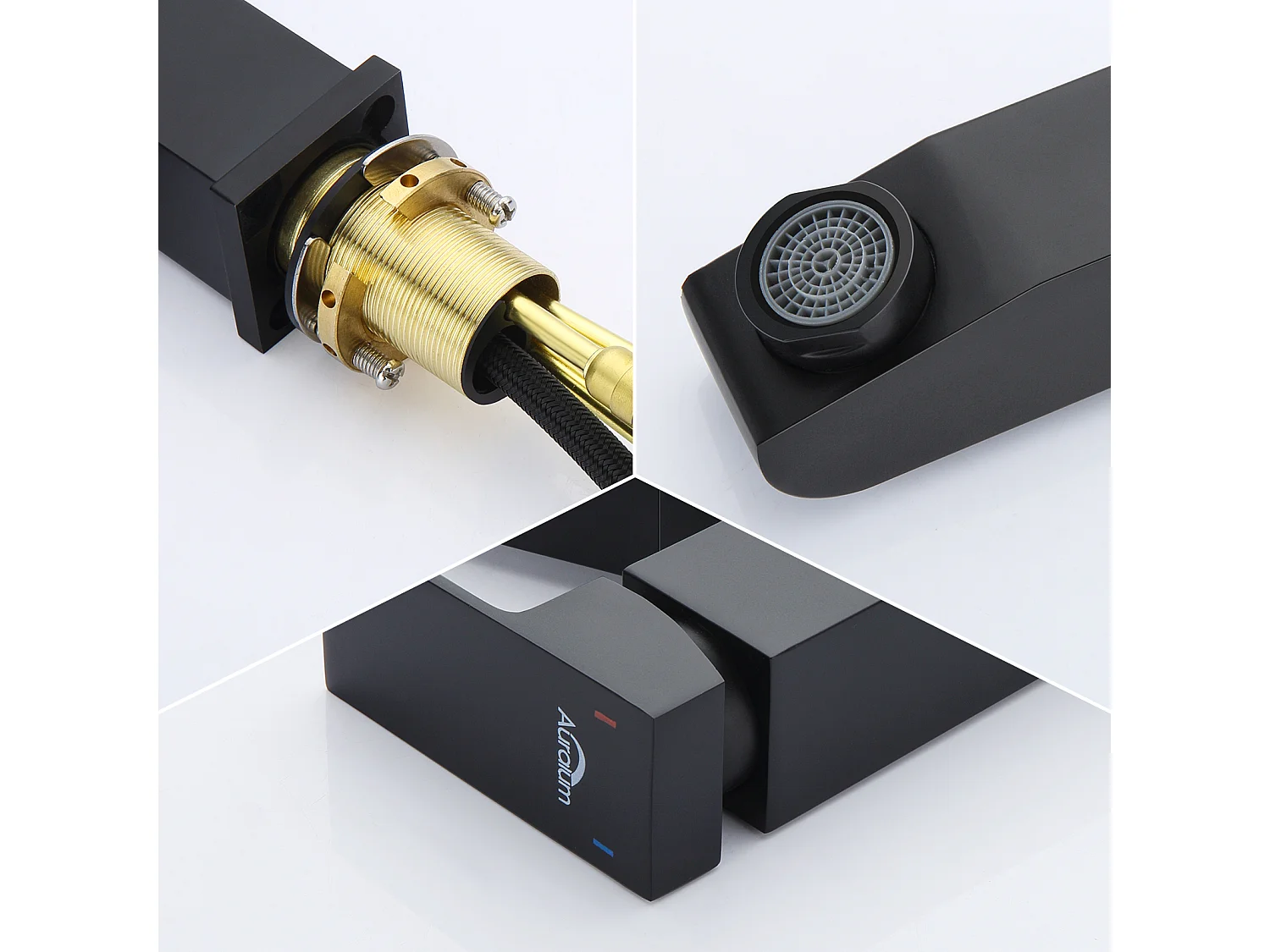 AuraLum Max Waschtisch-Mischbatterie mit ausziehbarer Brause, schwarze Badezimmer-Mischbatterie, Wasserhahnhöhe 174 mm, EU-Modell