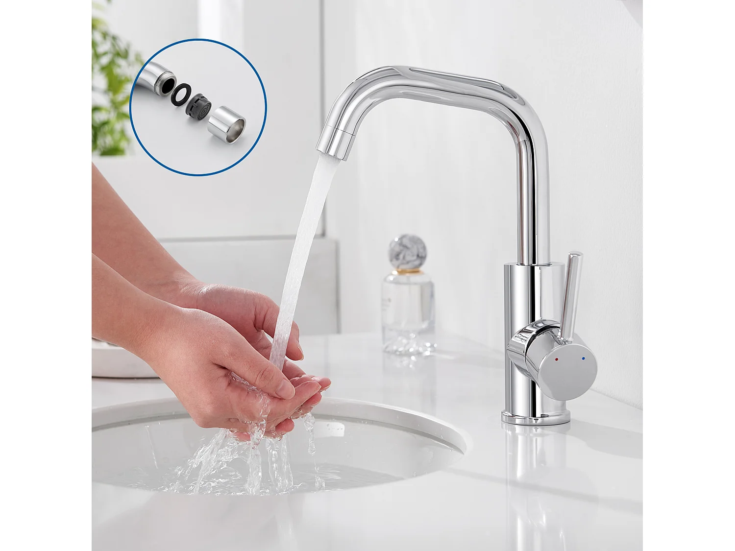 Auralum max Mezclador Lavabo, Grifo Lavabo Pivotante 360°,con Aireador Desmotable, Cromado+60cm Porta-Toalletas SalaBaño Autoadhesivo o Perforación