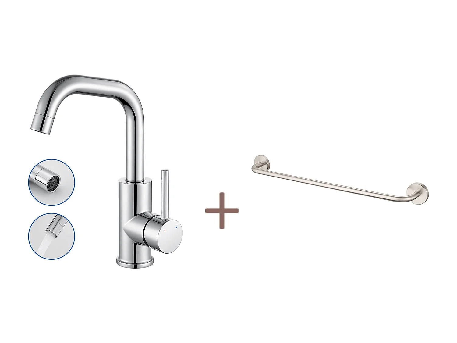 Auralum max Mitigeur Lavabo,Robinet LavaboPivotant 360°,avec Aérateur Démotable,Chromé+60cm Porte-Serviettes Salle Bain Auto-adhésif ou Perçage,Inox