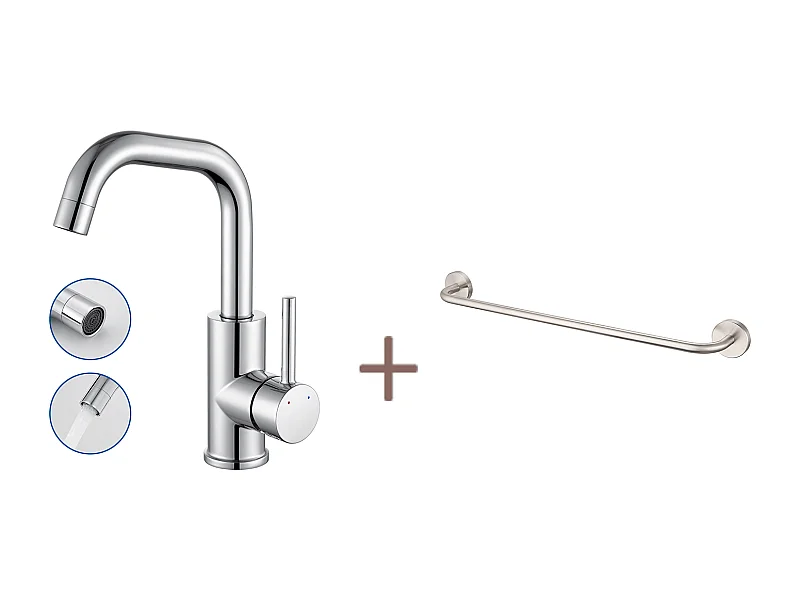 Auralum max Mitigeur Lavabo,Robinet LavaboPivotant 360°,avec Aérateur Démotable,Chromé+60cm Porte-Serviettes Salle Bain Auto-adhésif ou Perçage,Inox