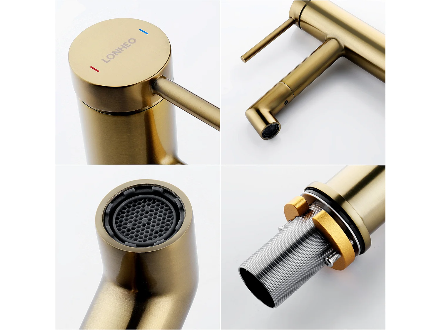 2pcs Robinet  de Lavabo Bec Rotation 360°, Mitigeur à Eau Chaude et Froide pour Vasque, Robinet de Salle de Bain avec Barboteur Démotable, Doré