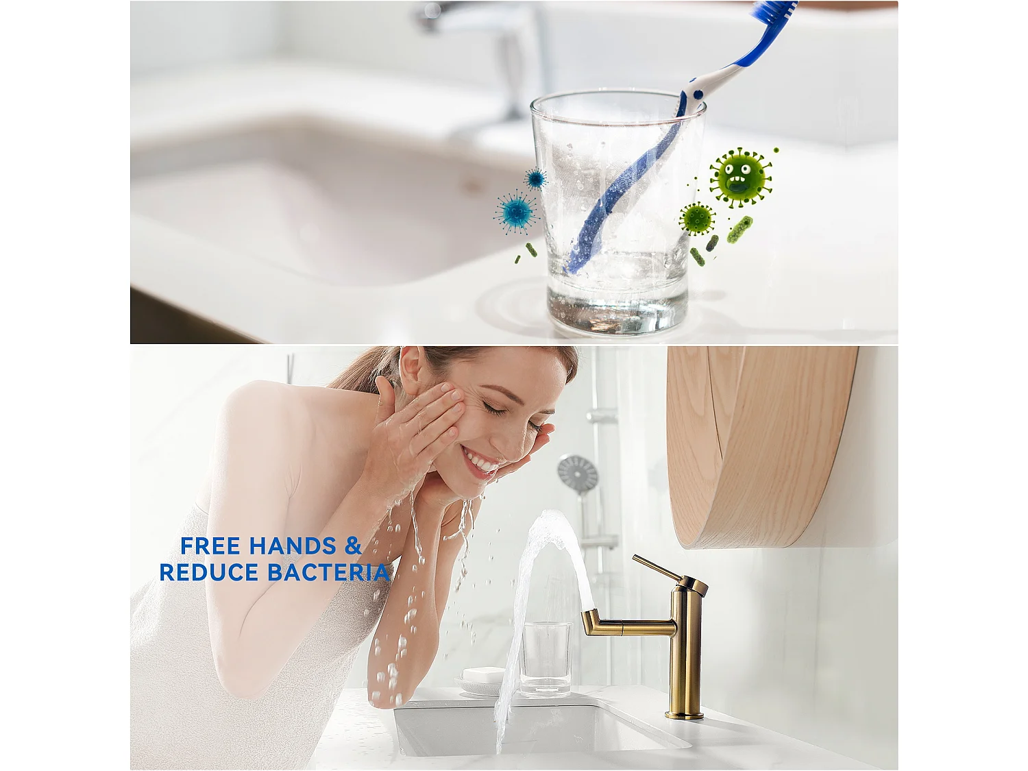 2pcs Robinet  de Lavabo Bec Rotation 360°, Mitigeur à Eau Chaude et Froide pour Vasque, Robinet de Salle de Bain avec Barboteur Démotable, Doré