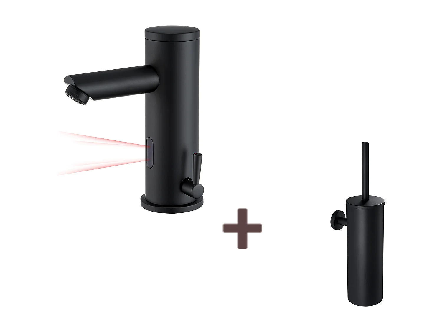 Grifo de lavabo infrarrojo Negro totalmente automático+Cepillo de bañoWC Suspendido con Soporte de Cepillo, Acero INOX, Negro