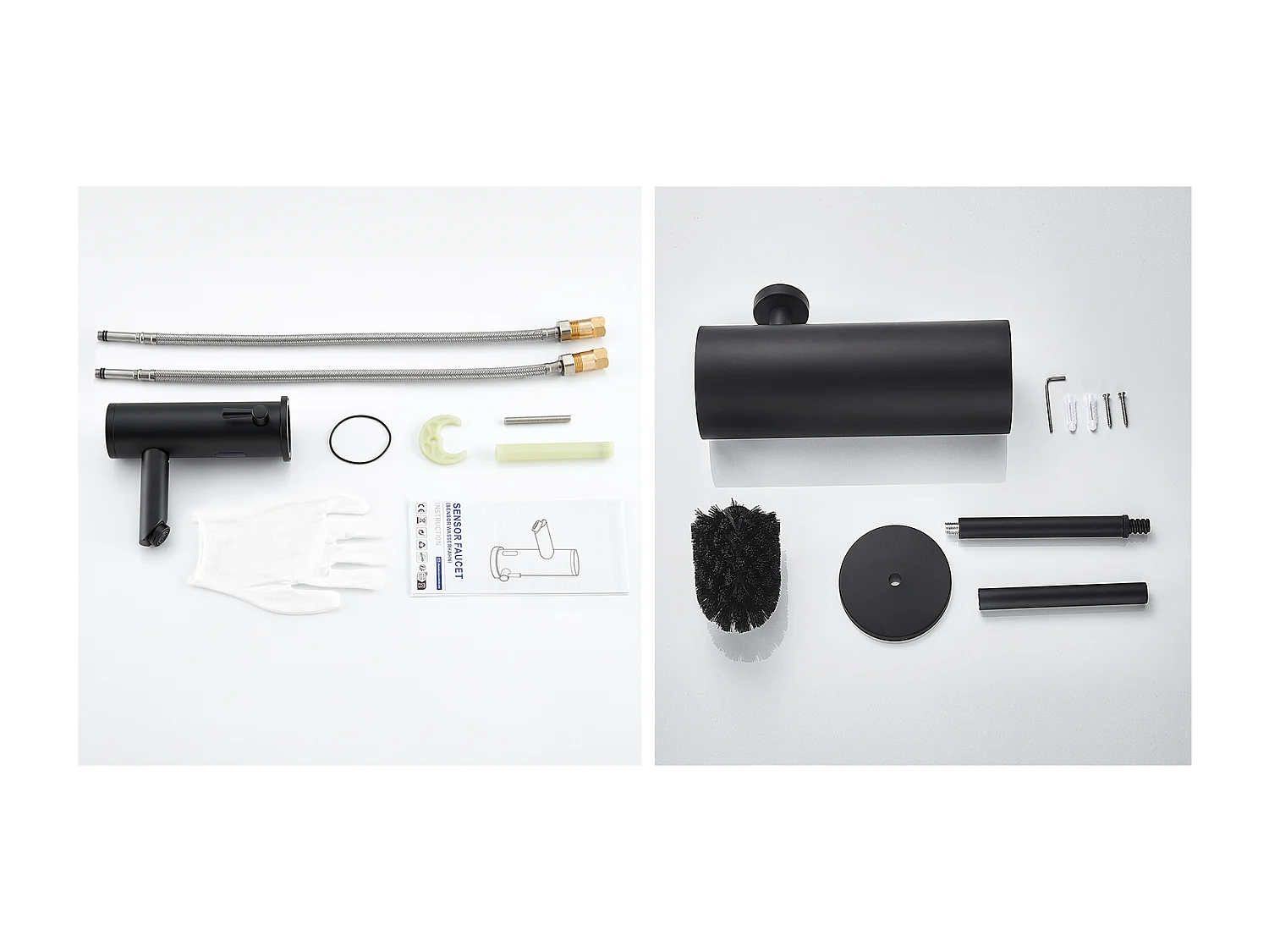 Grifo de lavabo infrarrojo Negro totalmente automático+Cepillo de bañoWC Suspendido con Soporte de Cepillo, Acero INOX, Negro