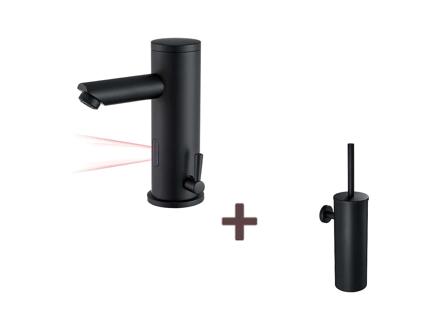 Infrarood wastafelkraan Zwart volautomatisch+ToilborstelEttes Hangtoilet met opzetborstelhouder, RVS, Zwart