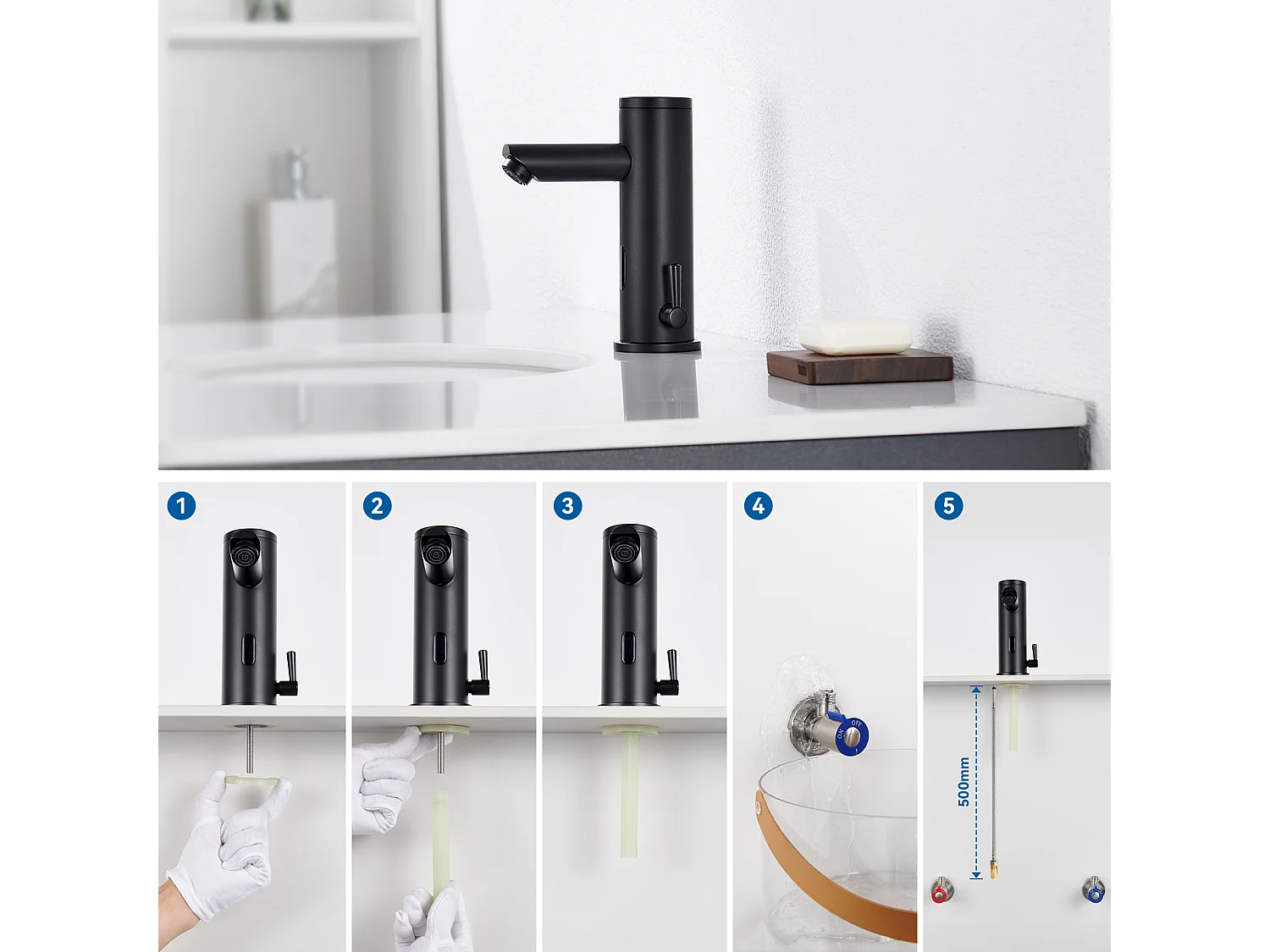 Infrarood wastafelkraan Zwart volautomatisch+ToilborstelEttes Hangtoilet met opzetborstelhouder, RVS, Zwart