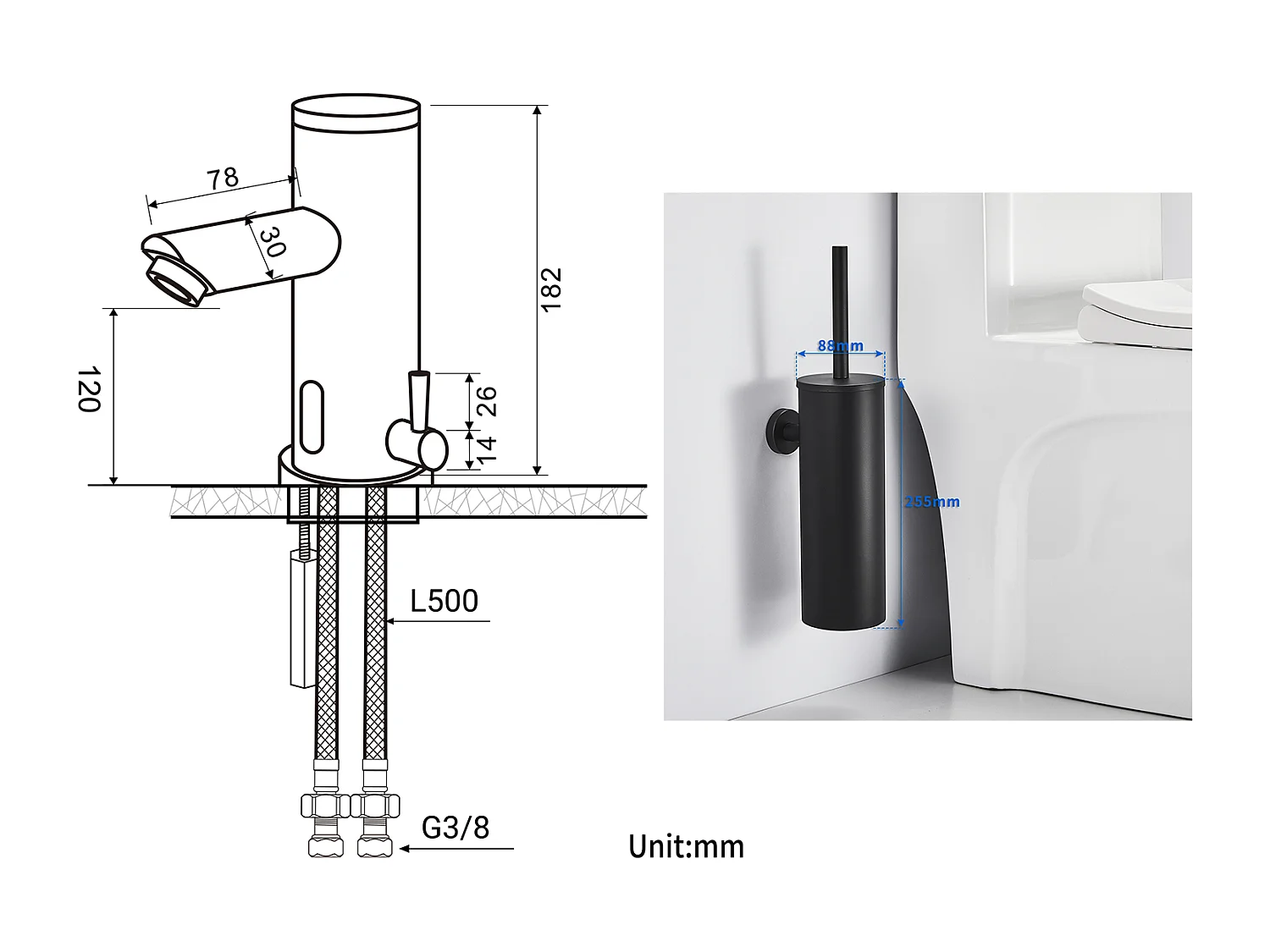 Schwarzer vollautomatischer Infrarot-Waschtischhahn + Toilettenbürste, Wand-WC mit Bürstenhalter, Edelstahl, Schwarz