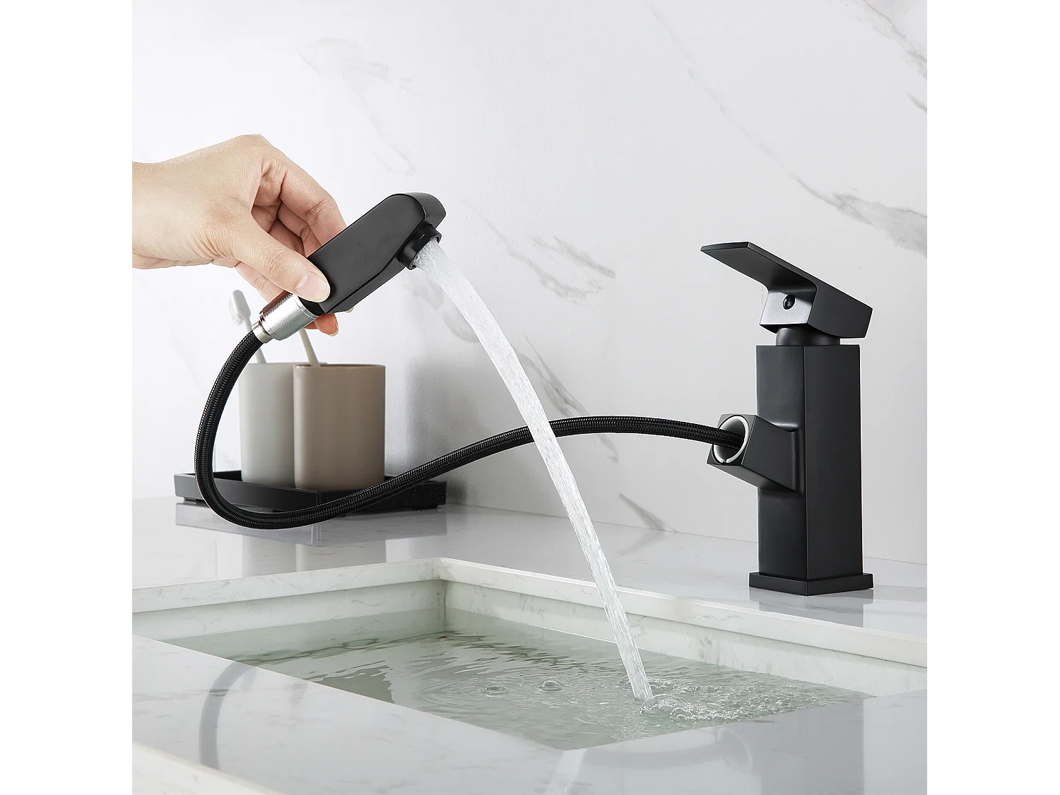 Badkamerkraan handdouche zwart, enkele hendel, warm/koud water met 2 slangen, wastafelmengkraan wastafelmengkraan badkamerkraan