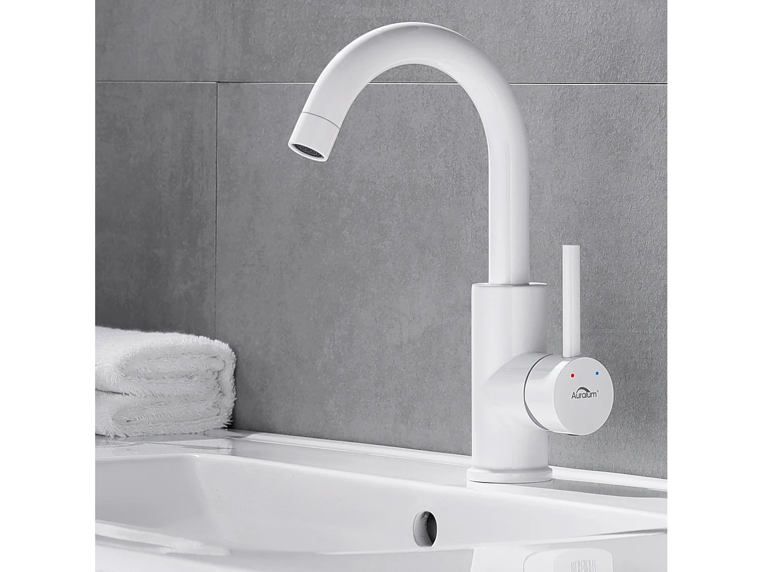 Mitigeur Lavabo, AuraLum Max Robinet Lavabo Haut Pivotant à 360°, Robinet Lavabo Salle de Bain Monocommande avec Aérateur Démotable, Blanc,EU Modèle