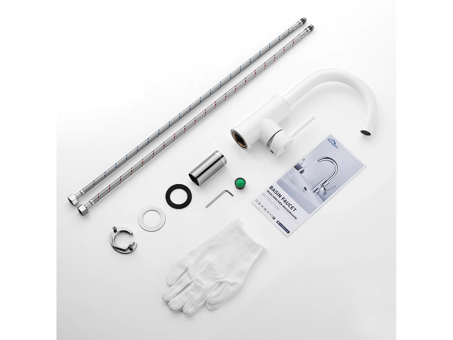 Mitigeur Lavabo, AuraLum Max Robinet Lavabo Haut Pivotant à 360°, Robinet Lavabo Salle de Bain Monocommande avec Aérateur Démotable, Blanc,EU Modèle