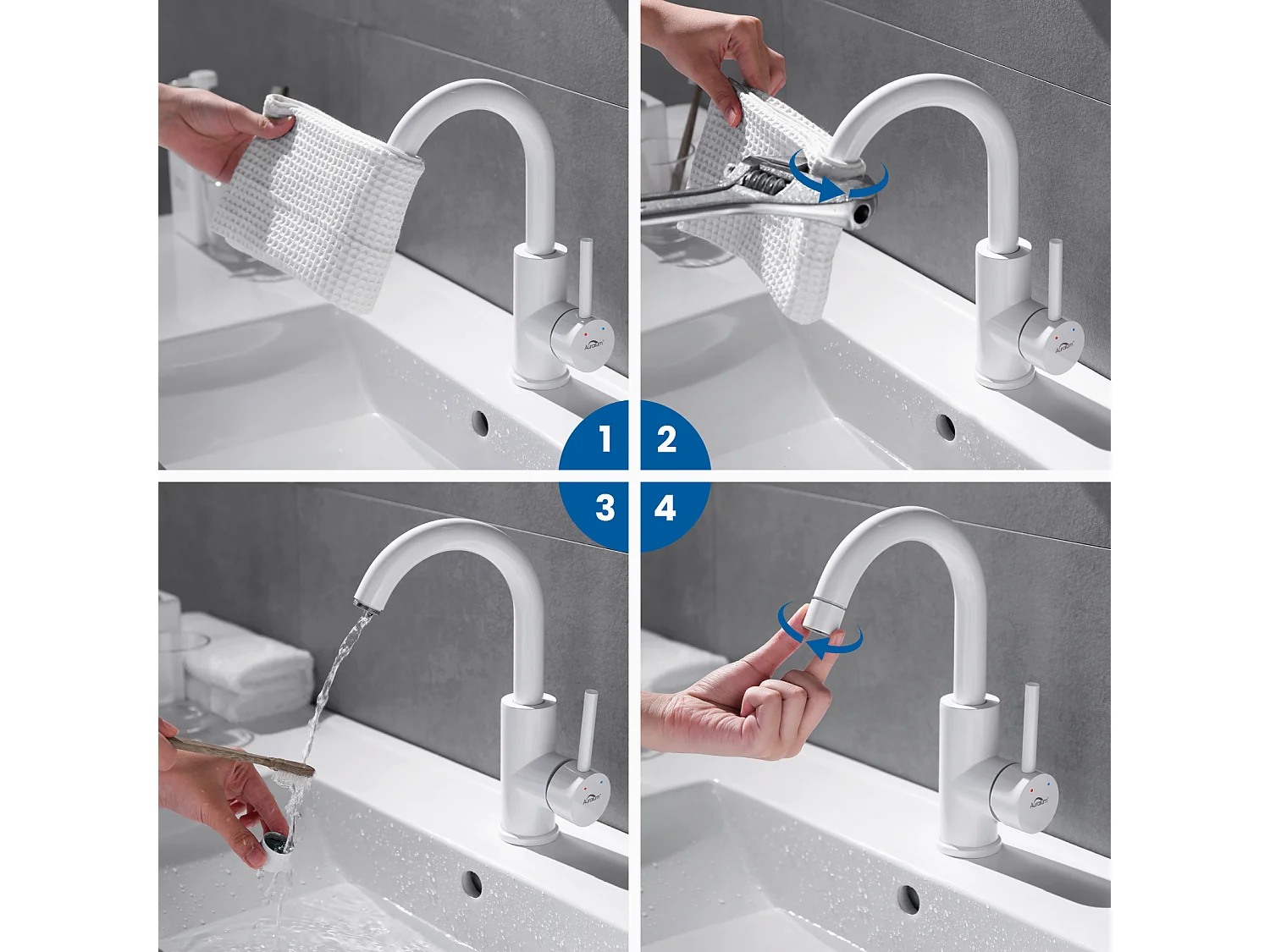 Mitigeur Lavabo, AuraLum Max Robinet Lavabo Haut Pivotant à 360°, Robinet Lavabo Salle de Bain Monocommande avec Aérateur Démotable, Blanc,EU Modèle