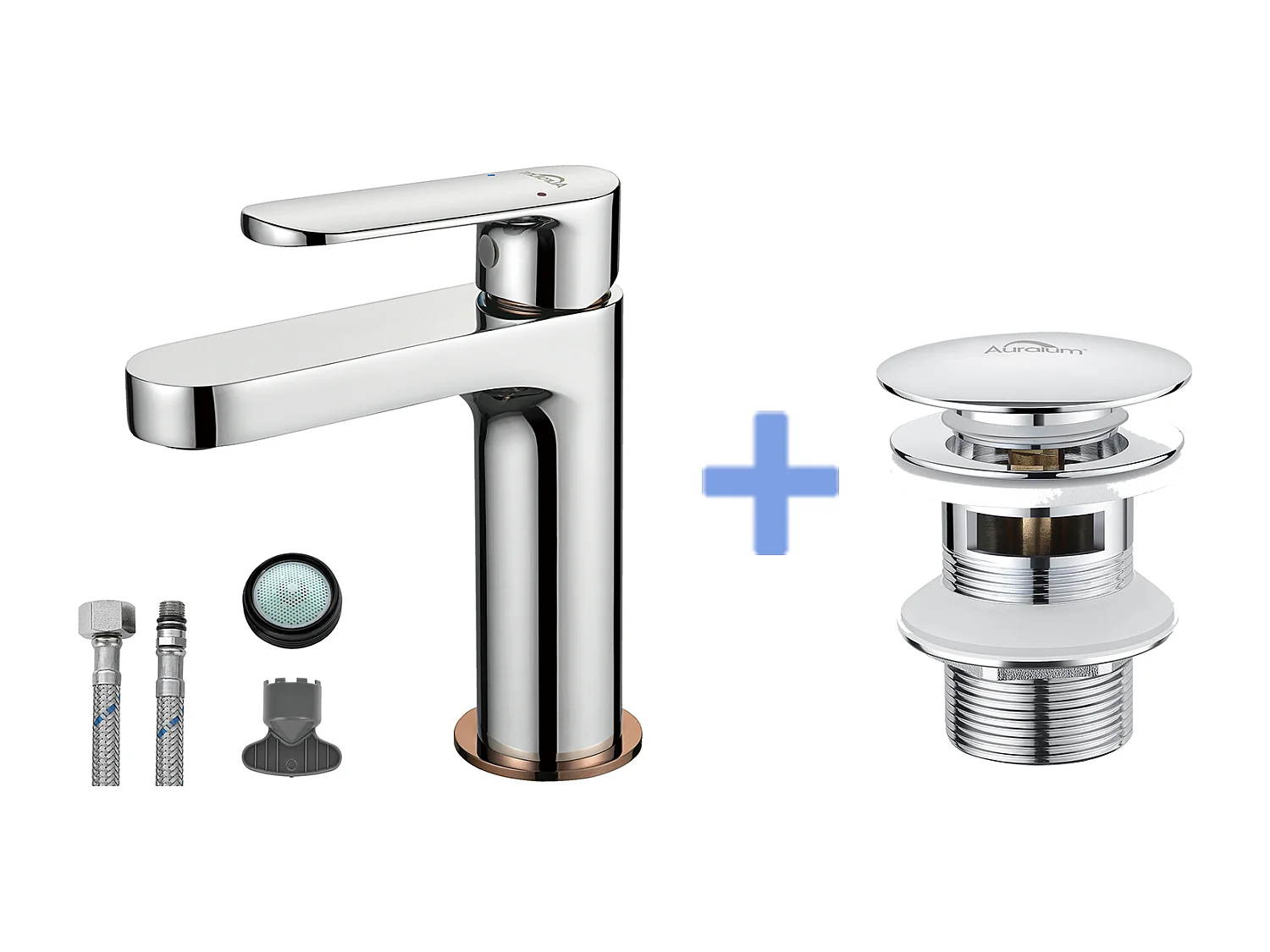 Grifo Baño Moderno, Mezclador Lavabo,Acabado Oro Rosa, Cromado+Bonde de Lavabo Desagüe Pop-up con Desbordamiento Automático Universal