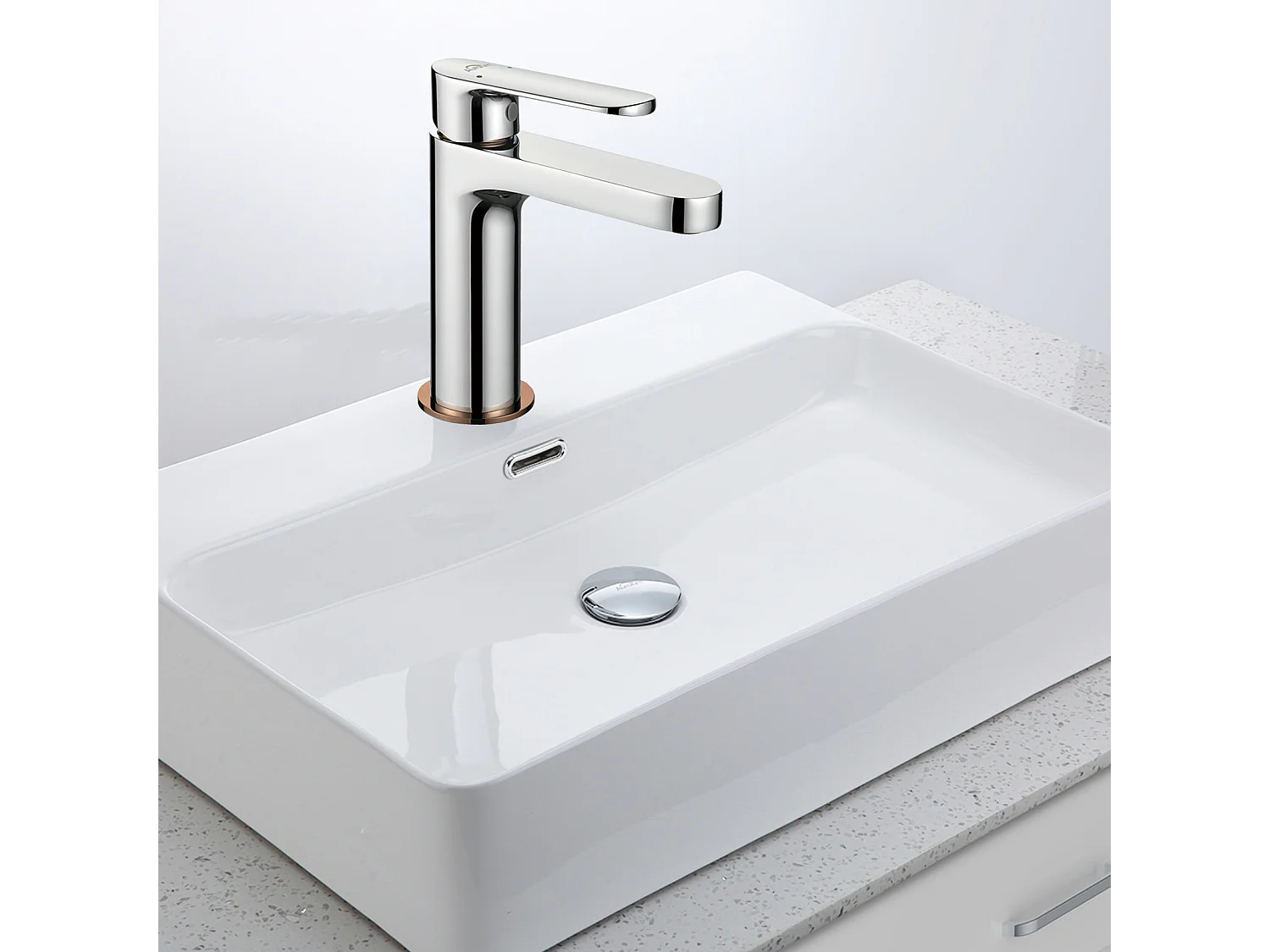 Grifo Baño Moderno, Mezclador Lavabo,Acabado Oro Rosa, Cromado+Bonde de Lavabo Desagüe Pop-up con Desbordamiento Automático Universal