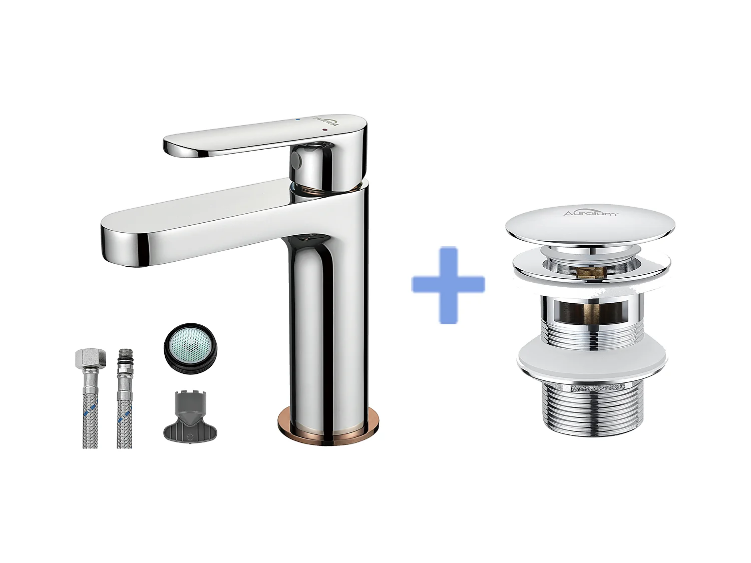 Moderne Badkamer Kraan, Wastafelmengkraan, Roségouden Affinitie, Verchroomd + Wastafelkraan Pop-upkraan met Universele Automatische Overloop