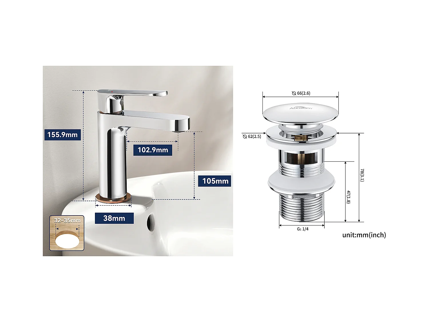 Robinet Salle Bain Moderne, Mitigeur Lavabo,Finition or Rose,Chromé+Bonde de Lavabo Bonde Pop-up avec Trop-plein Automatique Universelle