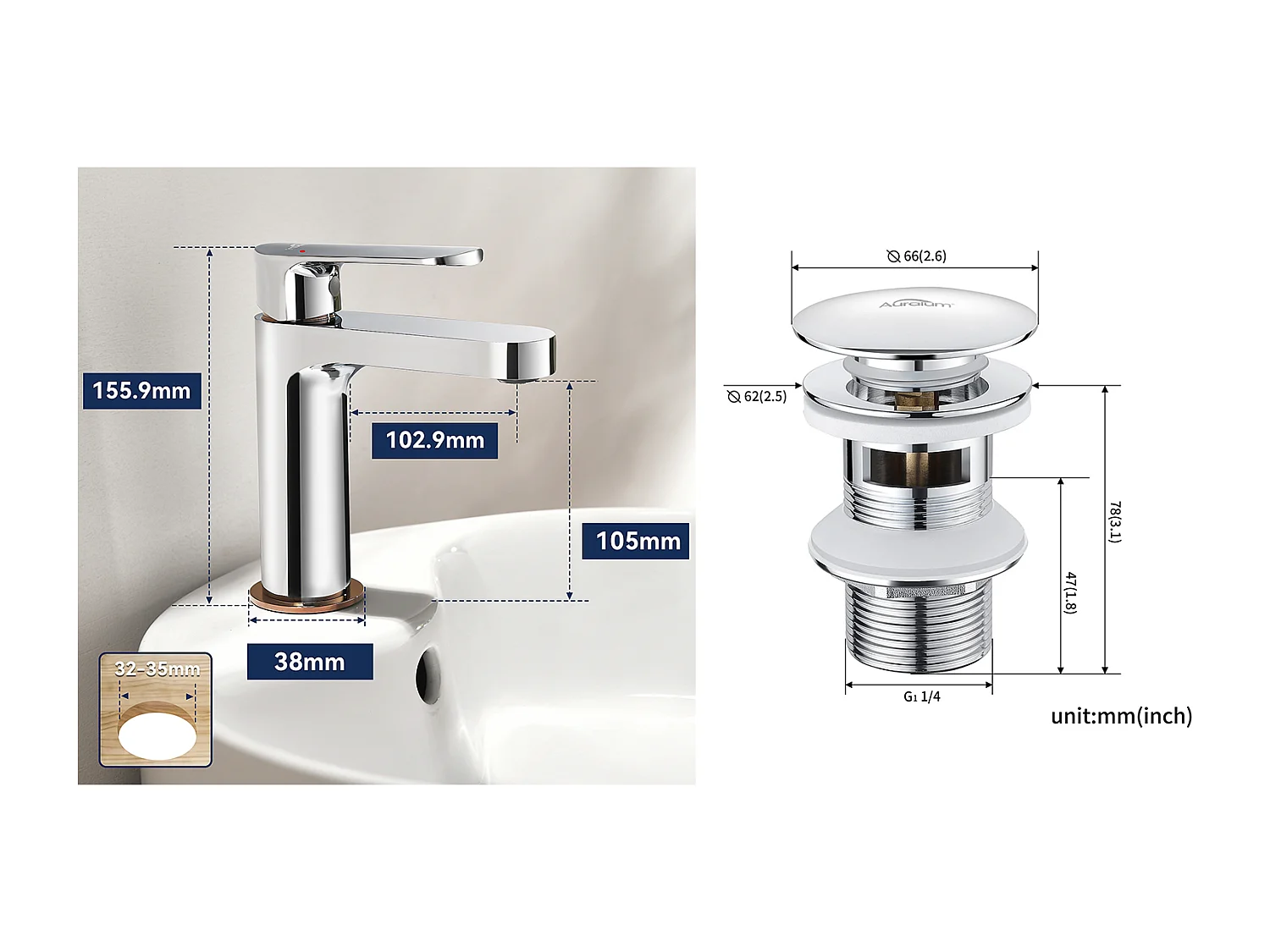 Robinet Salle Bain Moderne, Mitigeur Lavabo,Finition or Rose,Chromé+Bonde de Lavabo Bonde Pop-up avec Trop-plein Automatique Universelle