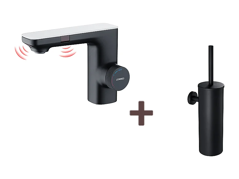 Automatischer intelligenter Waschtisch-Mischhahn mit Infrarot-Sensor, schwarzes Messing, Wasser- und Toilettenbürste, Wand-WC mit Bürstenhalter, Edelstahl, schwarz