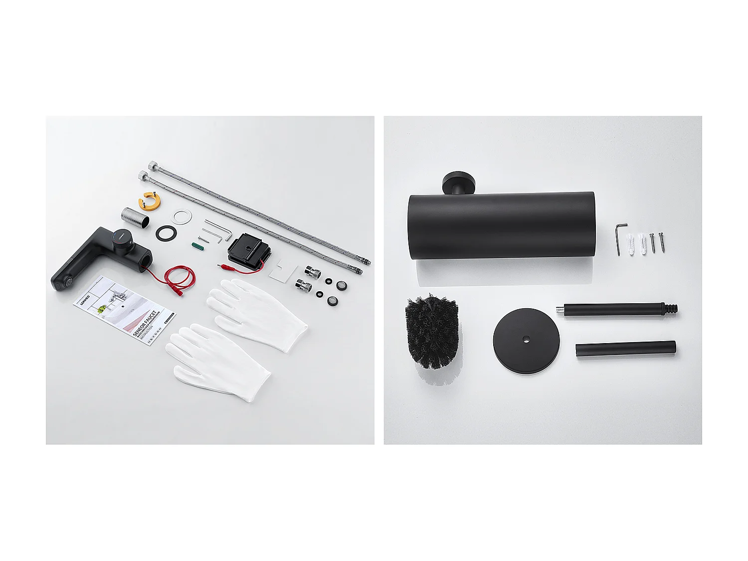 Mitigeur Lavabo Capteur Infrarouge Intelligent Automatique,Noir Laiton Eau+Brosse Toilettes WC Suspendu avec Support de Brosse, Acier INOX,Noir