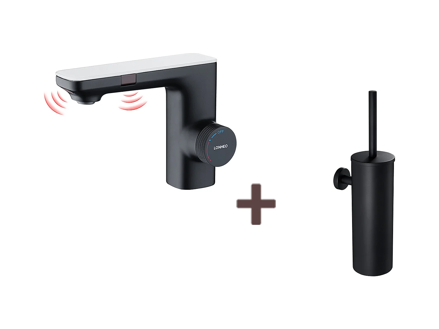 Mitigeur Lavabo Capteur Infrarouge Intelligent Automatique,Noir Laiton Eau+Brosse Toilettes WC Suspendu avec Support de Brosse, Acier INOX,Noir