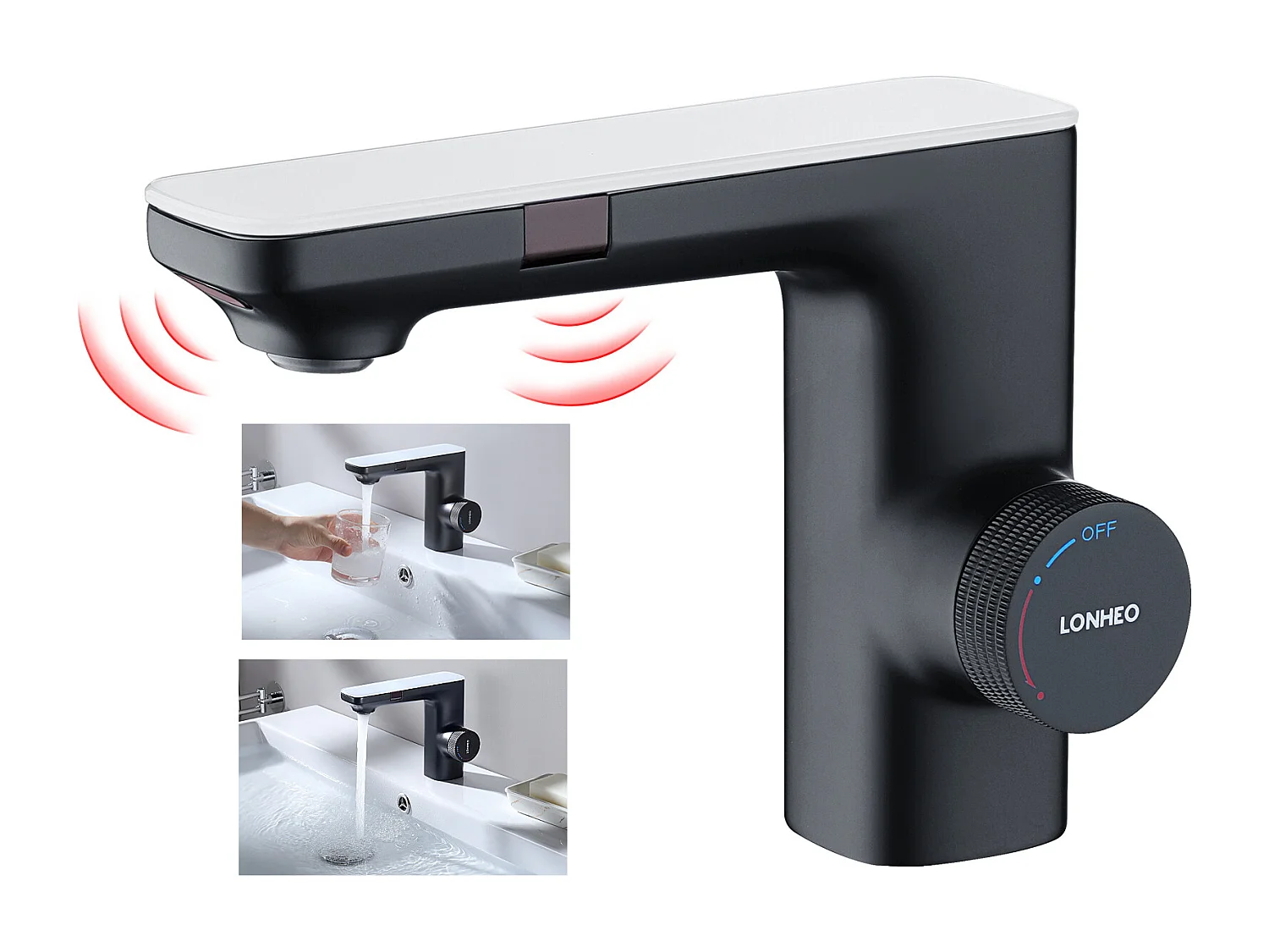 Mitigeur Lavabo Capteur Infrarouge Intelligent Automatique,Noir Laiton Eau+Brosse Toilettes WC Suspendu avec Support de Brosse, Acier INOX,Noir