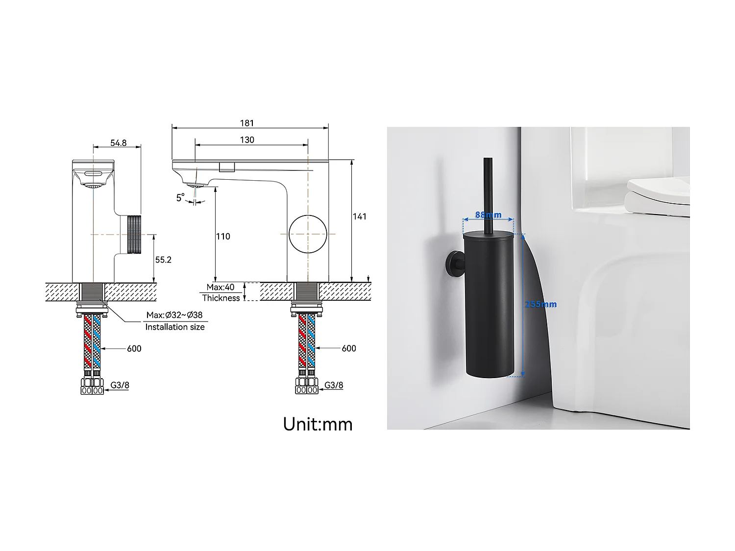 Mitigeur Lavabo Capteur Infrarouge Intelligent Automatique,Noir Laiton Eau+Brosse Toilettes WC Suspendu avec Support de Brosse, Acier INOX,Noir