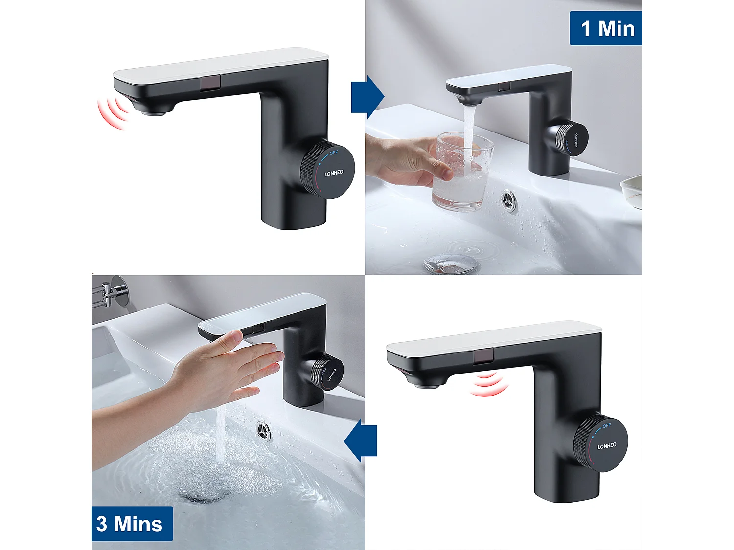 Mitigeur Lavabo Capteur Infrarouge Intelligent Automatique,Noir Laiton Eau+Brosse Toilettes WC Suspendu avec Support de Brosse, Acier INOX,Noir