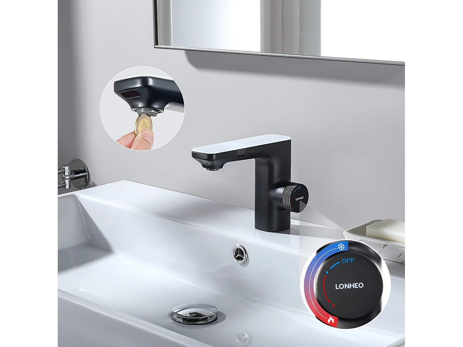 Mitigeur Lavabo Capteur Infrarouge Intelligent Automatique,Noir Laiton Eau+Brosse Toilettes WC Suspendu avec Support de Brosse, Acier INOX,Noir