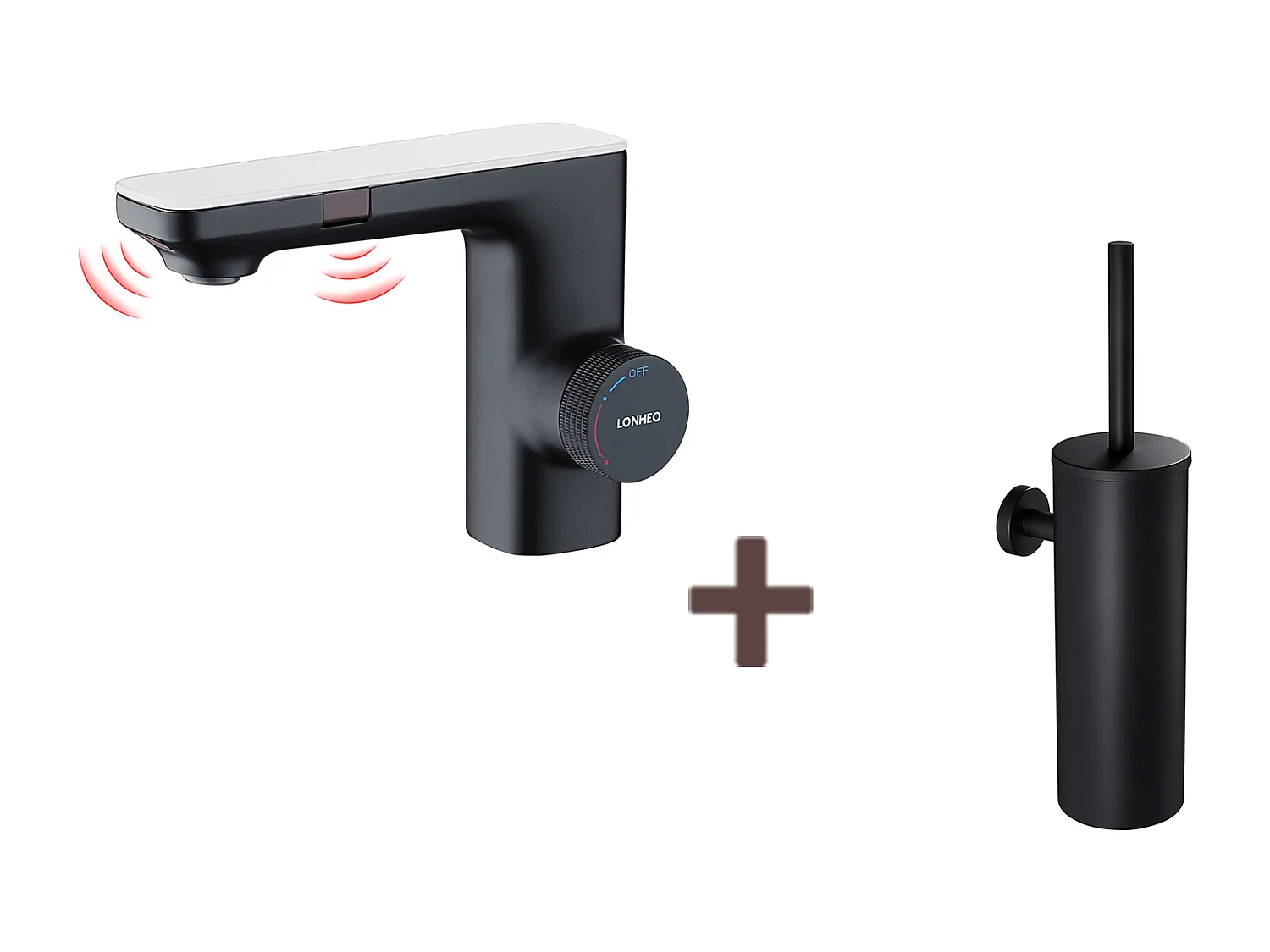 Mitigeur Lavabo Capteur Infrarouge Intelligent Automatique,Noir Laiton Eau+Brosse Toilettes WC Suspendu avec Support de Brosse, Acier INOX,Noir