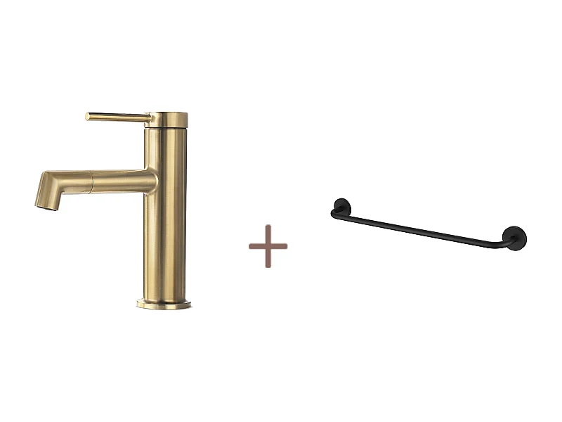 Lonheo max Mitigeur Lavabo Doré Rotatif 360°,Eau Chaude/Froide,Barboteur Démotable+Porte-Serviettes Salle Bain,Auto-adhésif/ Perçage,60CM,INOX 304