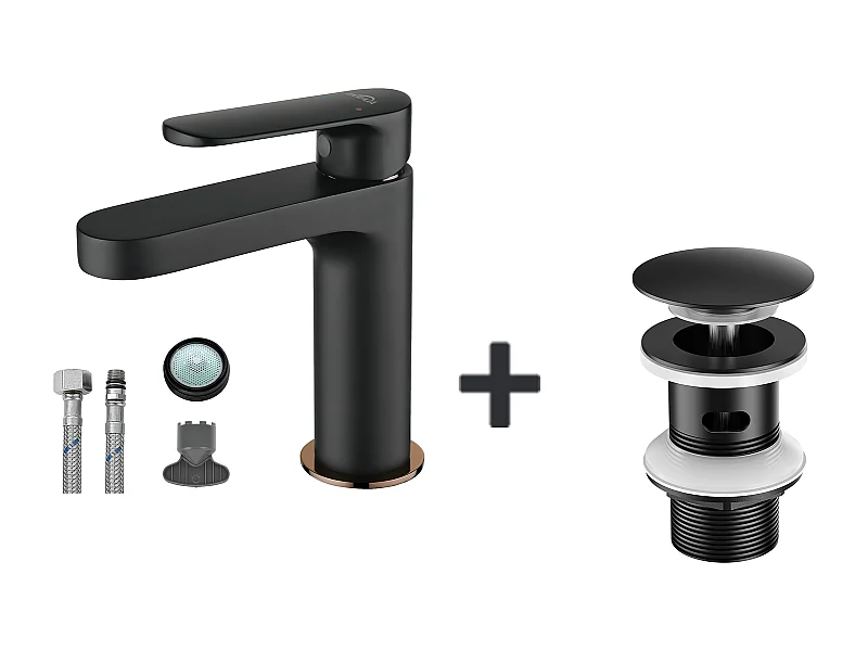 Grifo Baño, Negro, con Espumador Desmontable, Agua Fría/Caliente+Bonde Lavabo Desagüe Pop-up con Desbordamiento Automático Universal