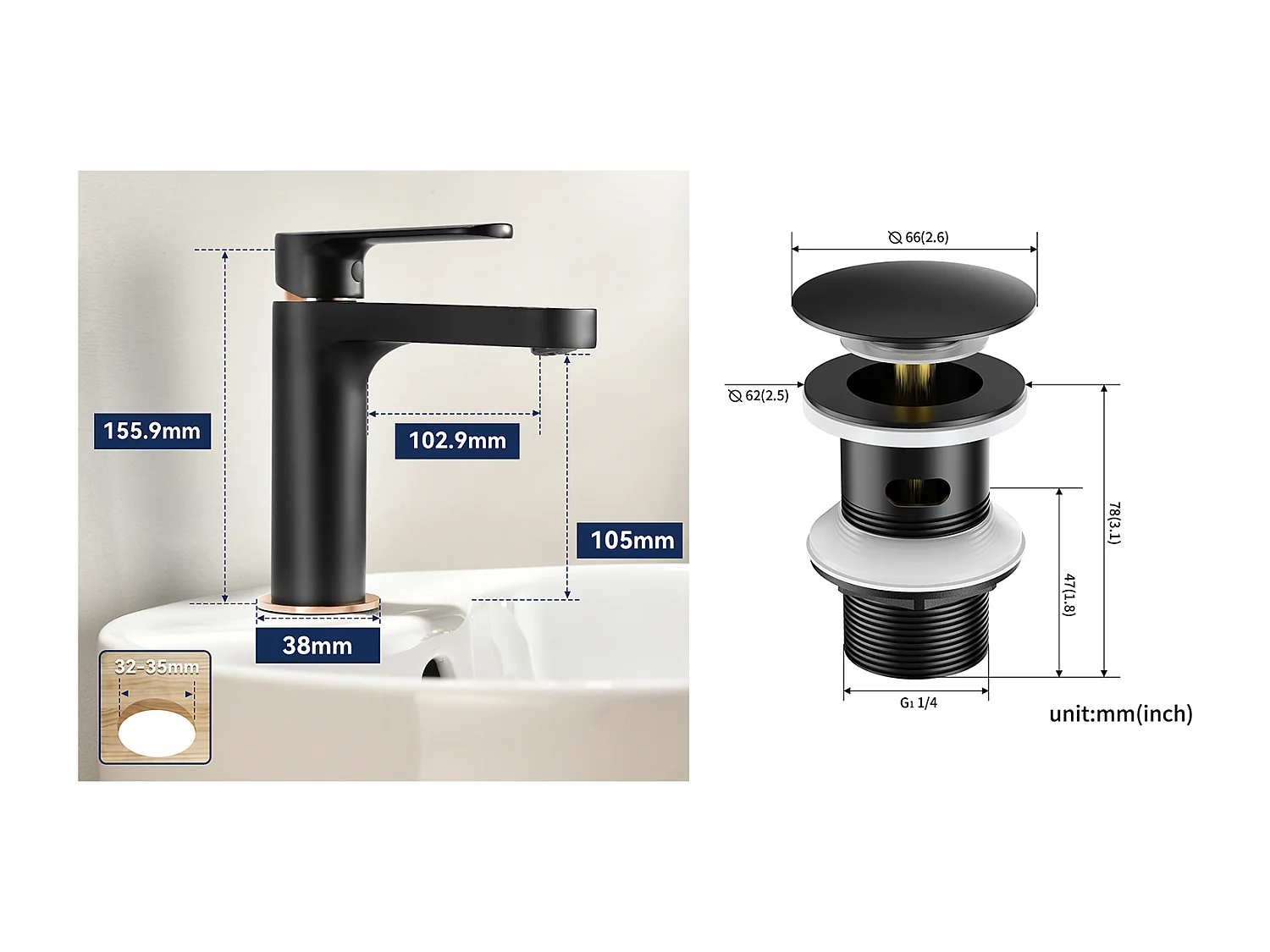 Robinet Salle de Bain,Noir,avec Mousseur Démontable,eau Froide/Chaude+Bonde Lavabo Bonde Pop-up avec Trop-plein Automatique Universelle