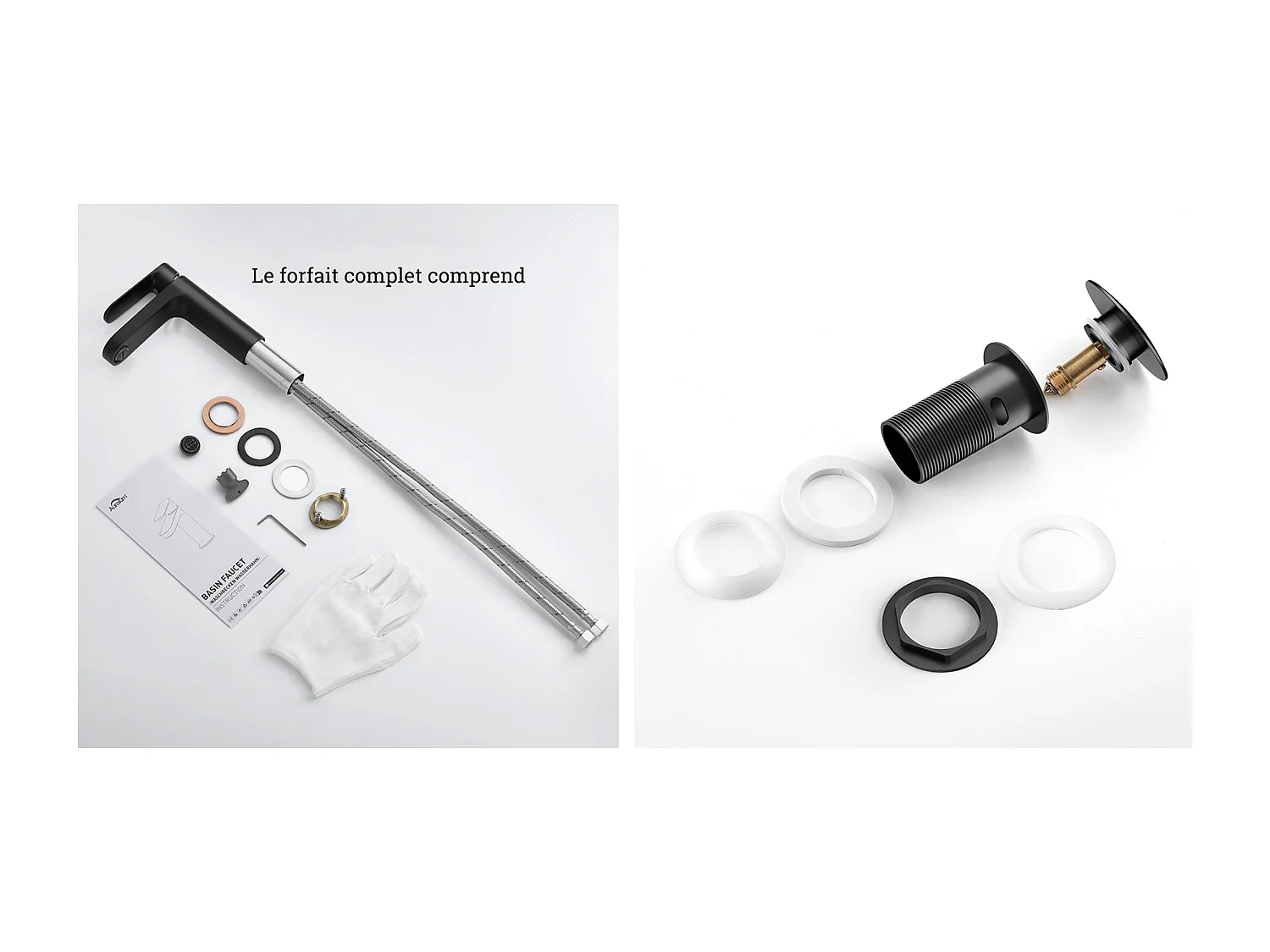 Robinet Salle de Bain,Noir,avec Mousseur Démontable,eau Froide/Chaude+Bonde Lavabo Bonde Pop-up avec Trop-plein Automatique Universelle