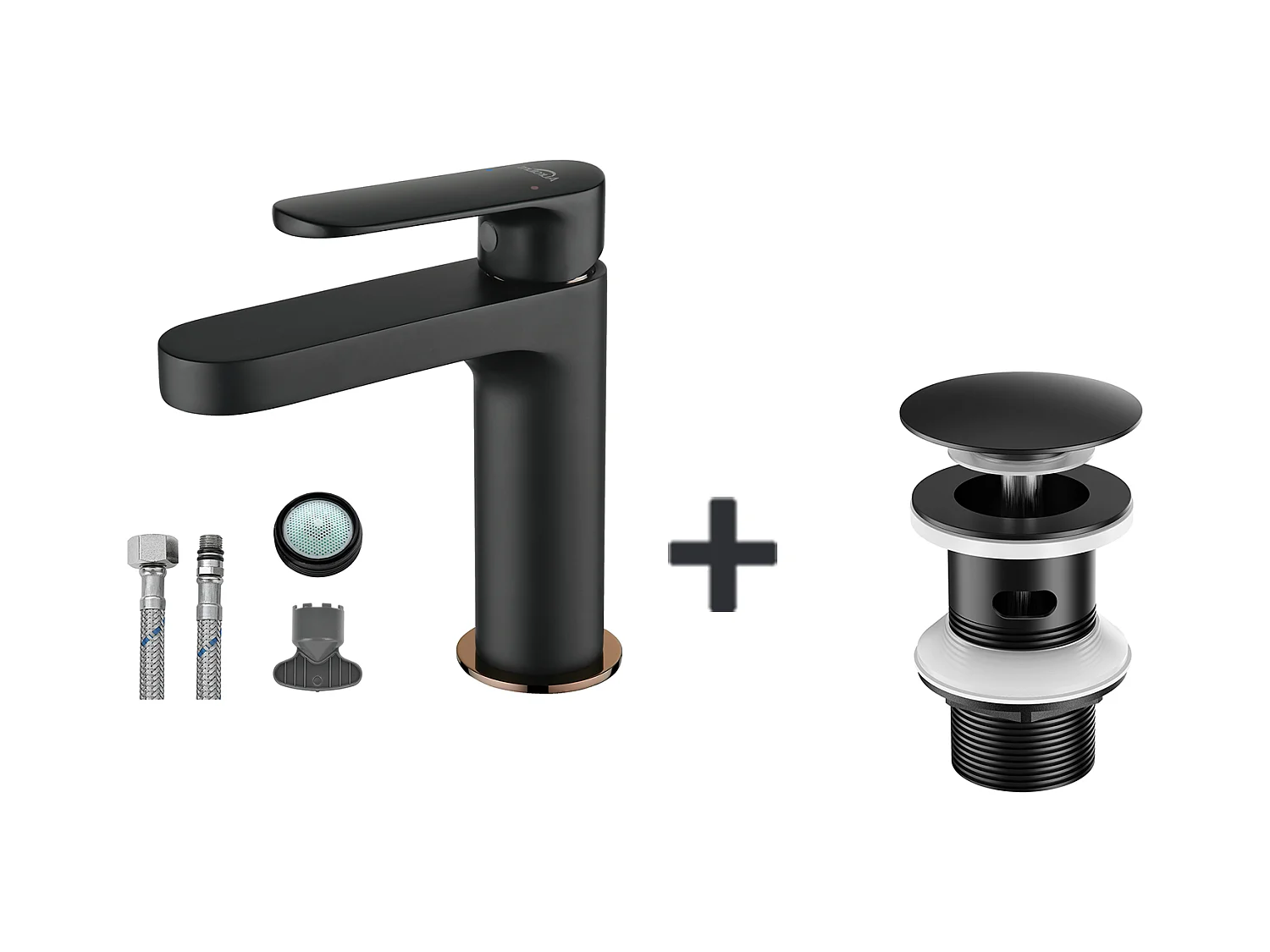 Robinet Salle de Bain,Noir,avec Mousseur Démontable,eau Froide/Chaude+Bonde Lavabo Bonde Pop-up avec Trop-plein Automatique Universelle