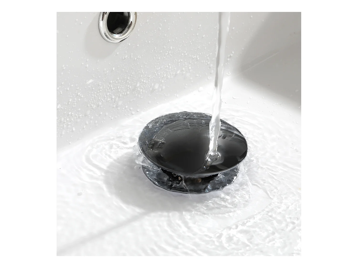 Grifo Baño, Negro, con Espumador Desmontable, Agua Fría/Caliente+Bonde Lavabo Desagüe Pop-up con Desbordamiento Automático Universal