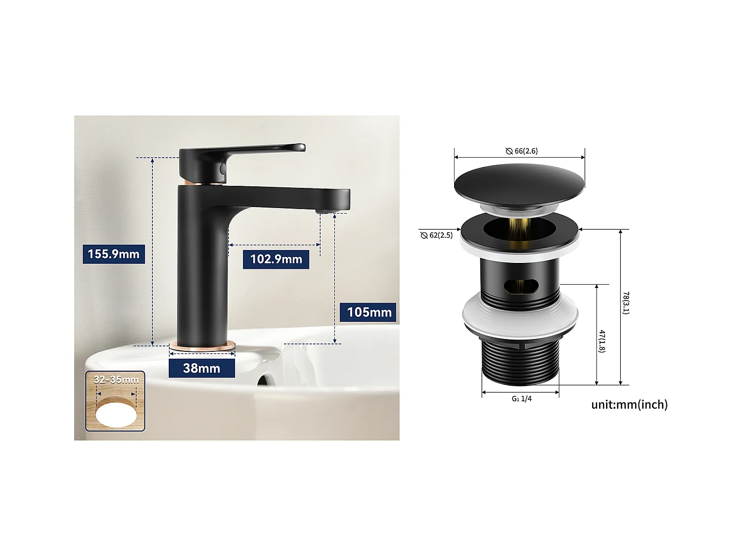 Grifo Baño, Negro, con Espumador Desmontable, Agua Fría/Caliente+Bonde Lavabo Desagüe Pop-up con Desbordamiento Automático Universal