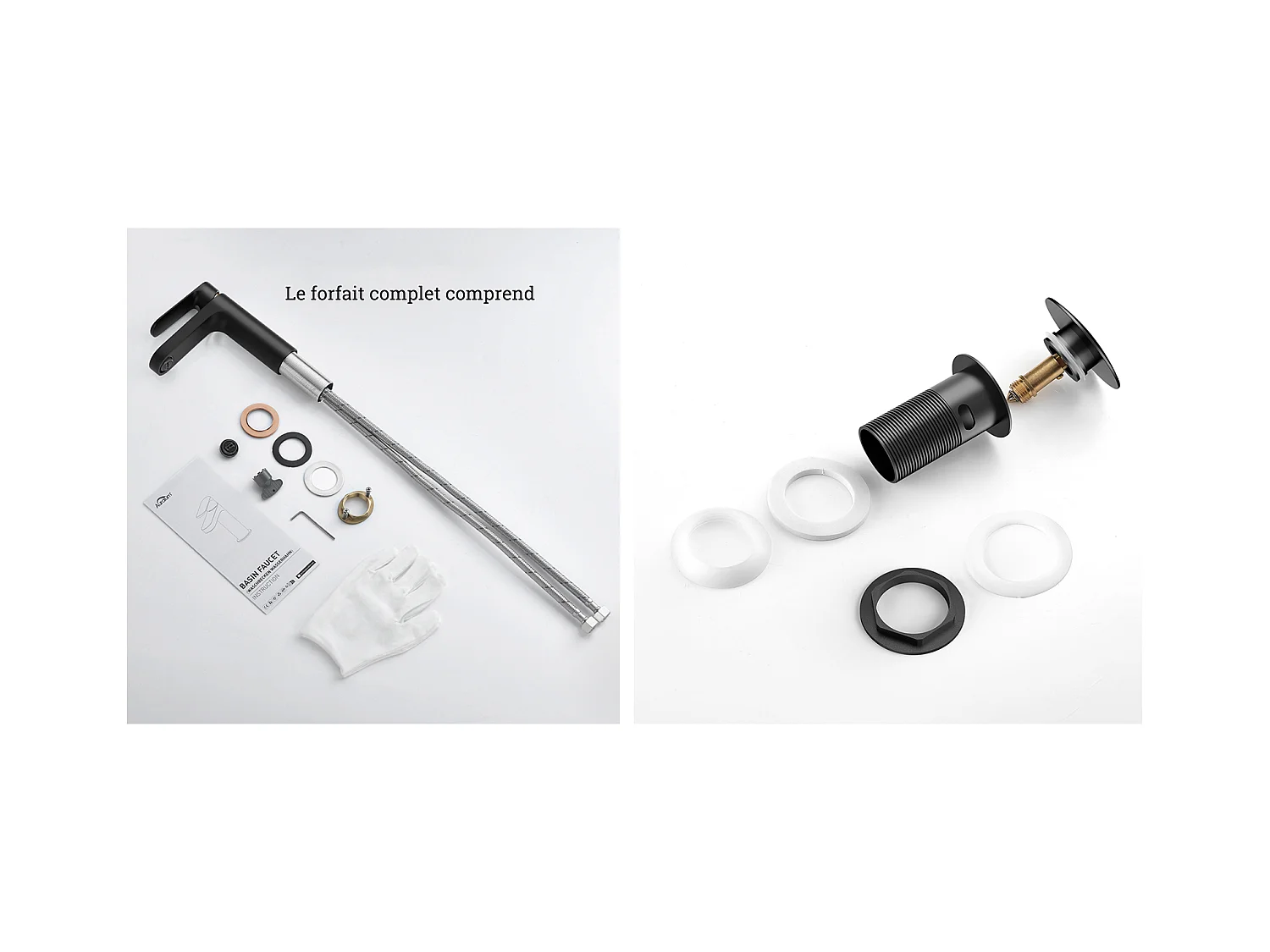 Grifo Baño, Negro, con Espumador Desmontable, Agua Fría/Caliente+Bonde Lavabo Desagüe Pop-up con Desbordamiento Automático Universal