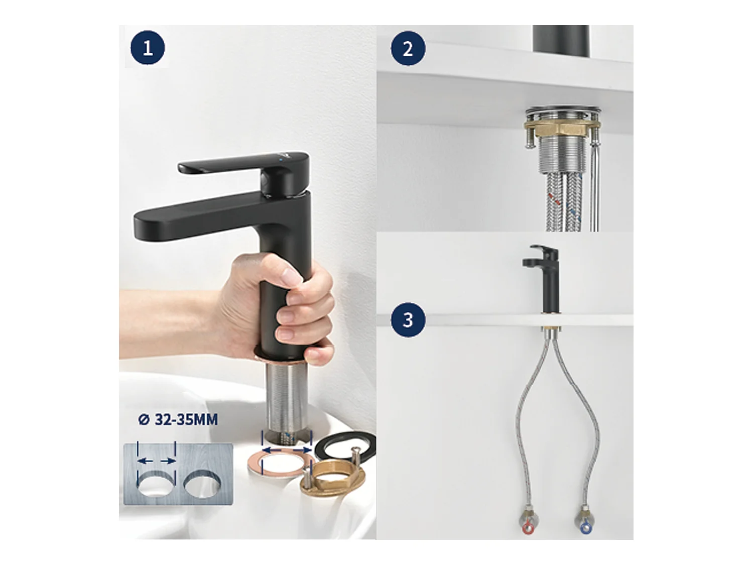 Grifo Baño, Negro, con Espumador Desmontable, Agua Fría/Caliente+Bonde Lavabo Desagüe Pop-up con Desbordamiento Automático Universal