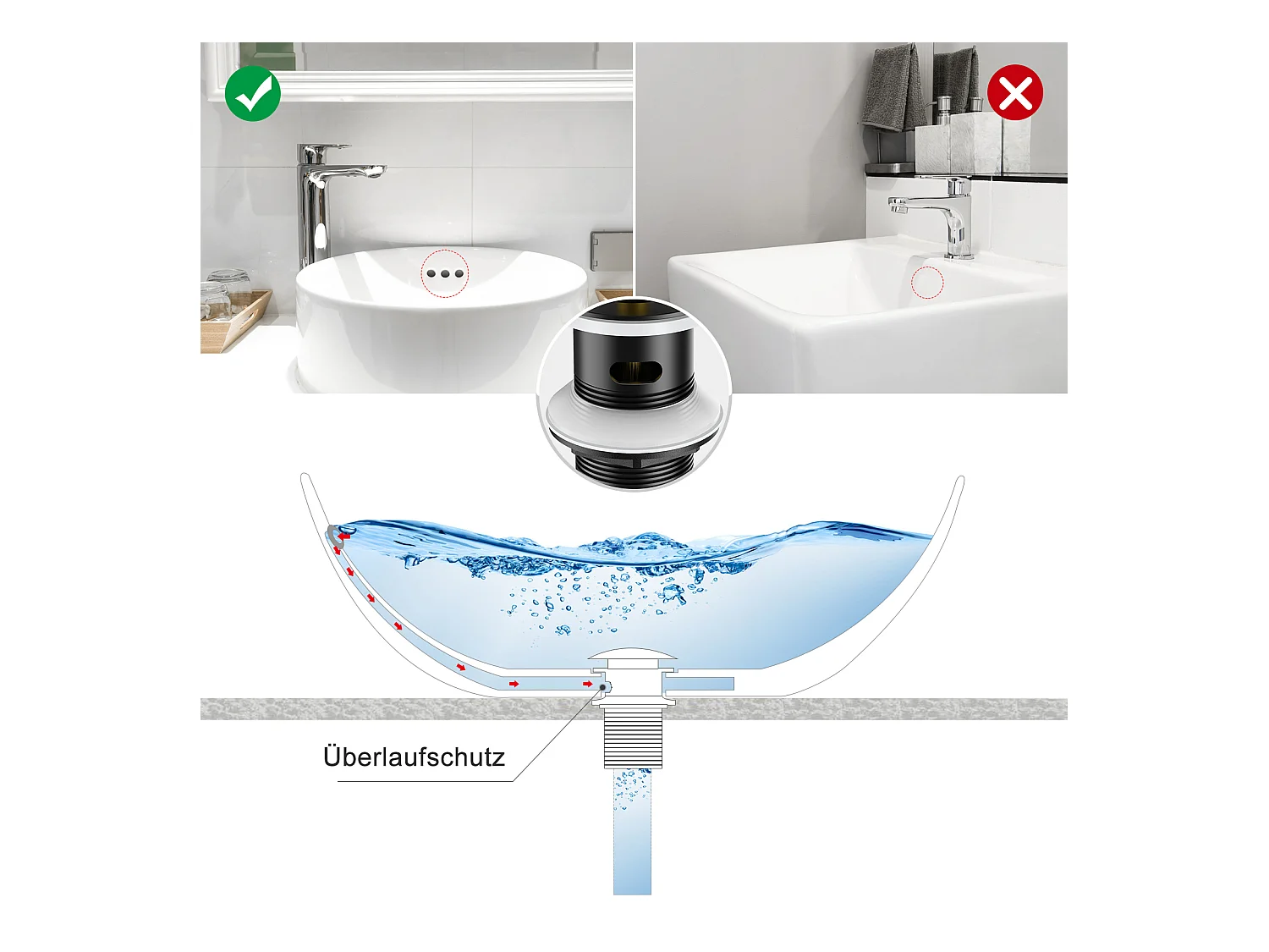 Grifo Baño, Negro, con Espumador Desmontable, Agua Fría/Caliente+Bonde Lavabo Desagüe Pop-up con Desbordamiento Automático Universal