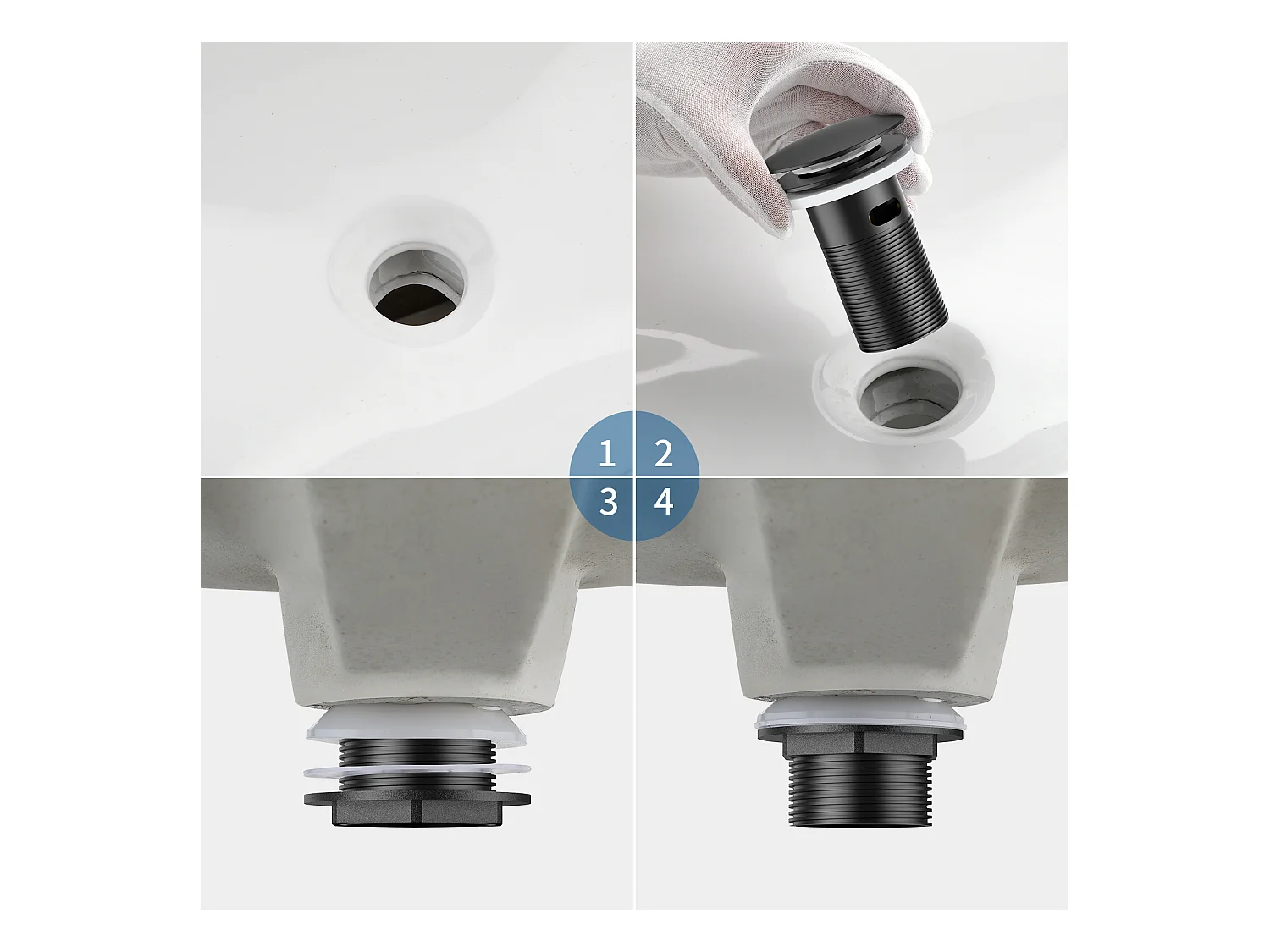 Grifo Baño, Negro, con Espumador Desmontable, Agua Fría/Caliente+Bonde Lavabo Desagüe Pop-up con Desbordamiento Automático Universal